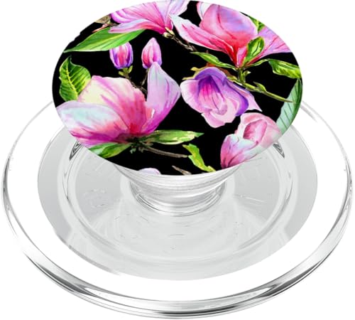 Pink Magnolia Blumenmuster auf Schwarz PopSockets PopGrip für MagSafe von Hübsche Blumendesigns