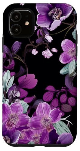 Purpur Orchidee und Glyzhütte Blumenmuster auf Schwarz Hülle für iPhone 11 von Hübsche Blumendesigns