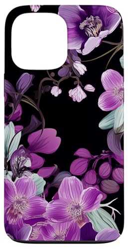Purpur Orchidee und Glyzhütte Blumenmuster auf Schwarz Hülle für iPhone 13 Pro Max von Hübsche Blumendesigns