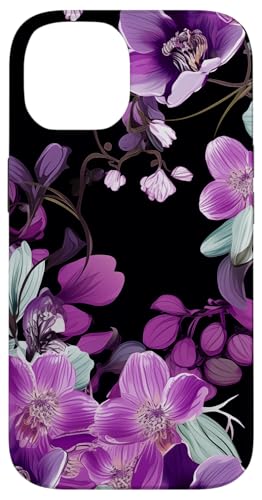 Purpur Orchidee und Glyzhütte Blumenmuster auf Schwarz Hülle für iPhone 14 Purpur Orchidee und Glyzhütte Blumenmuster auf Schwarz Hülle für iPhone 14 von Hübsche Blumendesigns