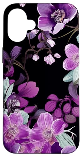 Purpur Orchidee und Glyzhütte Blumenmuster auf Schwarz Hülle für iPhone 16 Plus Purpur Orchidee und Glyzhütte Blumenmuster auf Schwarz Hülle für iPhone 16 Plus von Hübsche Blumendesigns