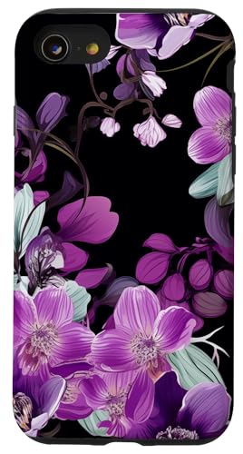 Purpur Orchidee und Glyzhütte Blumenmuster auf Schwarz Hülle für iPhone SE (2020) / 7 / 8 von Hübsche Blumendesigns