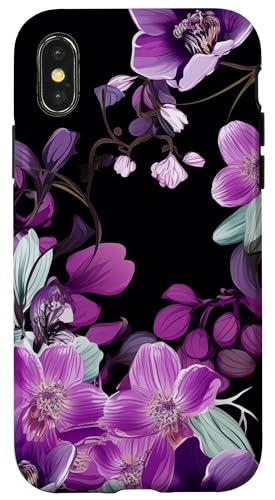 Purpur Orchidee und Glyzhütte Blumenmuster auf Schwarz Hülle für iPhone X/XS Purpur Orchidee und Glyzhütte Blumenmuster auf Schwarz Hülle für iPhone X/XS von Hübsche Blumendesigns