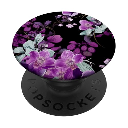 Purpur Orchidee und Glyzhütte Blumenmuster auf Schwarz PopSockets Klebender PopGrip Purpur Orchidee und Glyzhütte Blumenmuster auf Schwarz PopSockets Klebender PopGrip von Hübsche Blumendesigns