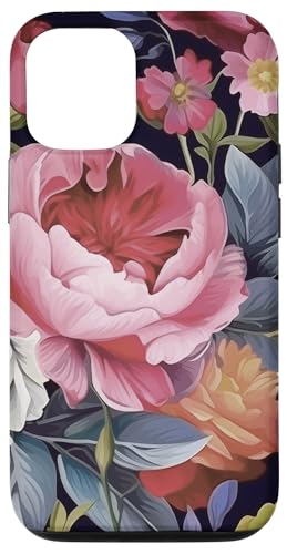 Rose- und Pfingstrosenblumenmuster auf Schwarz Hülle für iPhone 12/12 Pro von Hübsche Blumendesigns