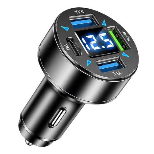4-Port USB Auto C Ladegerät mit Zigarettenanzünder, Schnellladegerät Adapter Dual PD+QC3.0, LED Voltmeter, 12V USB Buchse, Kompatibel mit iPhone, Android, Samsung, Tablet und Allen Smartphones von Hugfads