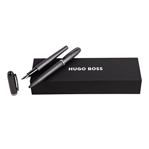 Hugo Boss Contour Iconic Set Kugelschreiber & Füllfederhalter aus Aluminium hergestellt, Farbe: Dunkelgrau, Abmessungen: 200 x 62 x 34 mm, HPBP341D von Hugo Boss