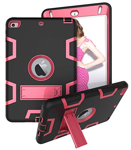 HuiFlying Schutzhülle für iPad Mini 5 (5. Generation), stoßfest, Hybrid-Hülle, DREI Schichten, strapazierfähig, stoßfest, mit Ständer für iPad Mini 5. / 4. Generation schwarz/rosa von HuiFlying