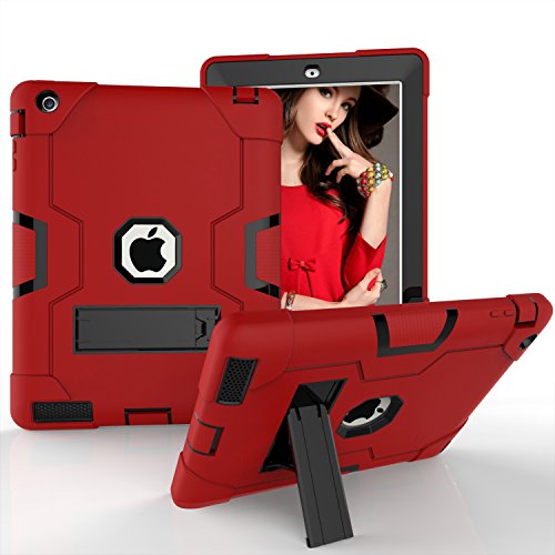 iPad 2/3/4 Fall, huiflying [Standfuß] Heavy Rugged Fullbody stoßfest Rutschfeste stoßabsorbierenden Hybrid Dual Layer Hard Soft Silikon Schutzhülle für Apple iPad 2/3/4 (24,6 cm) Rot/Schwarz von HuiFlying