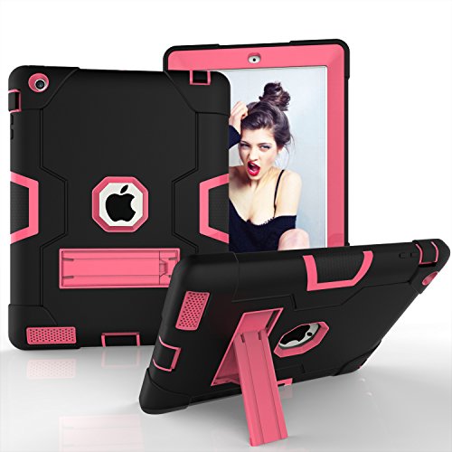 iPad 2/3/4 Fall, huiflying [Standfuß] Heavy Rugged Fullbody stoßfest Rutschfeste stoßabsorbierenden Hybrid Dual Layer Hard Soft Silikon Schutzhülle für Apple iPad 2/3/4 (24,6 cm) Schwarz/Pink von HuiFlying