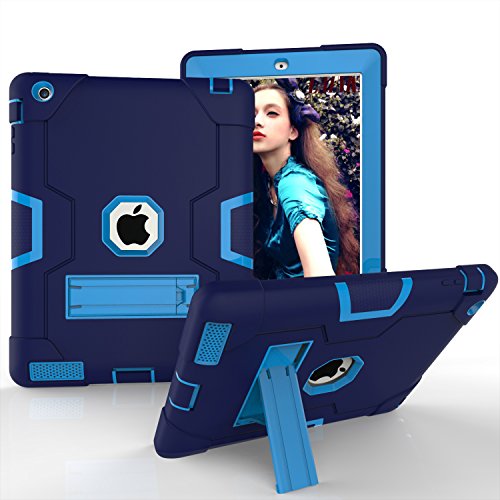 iPad 2/3/4 Fall, huiflying [Standfuß] Heavy Rugged Fullbody stoßfest rutschfeste stoßabsorbierenden Hybrid Dual Layer Hard Soft Silikon Schutzhülle für Apple iPad 2/3/4 (24,6 cm) Marineblau von HuiFlying