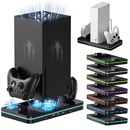 HuiJuKeJi Vertikaler Lüfter und Ladestation für Xbox Series X/S Konsole und Controller Zubehör, 7 Farblichter/3 USB-Anschlüsse/2 Geschwindigkeits-Kühlerlüfter, vertikales Dual-Controller-Ladeständer HuiJuKeJi Vertikaler Lüfter und Ladestation für Xbox Series X/S Konsole und Controller Zubehör, 7 Farblichter/3 USB-Anschlüsse/2 Geschwindigkeits-Kühlerlüfter, vertikales Dual-Controller-Ladeständer von HuiJuKeJi