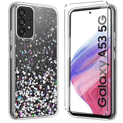 HuiYouMY Glitzer Bling hülle mit Glas 1Pcs Compatible with Samsung Galaxy A53 5G Folie, hülle silikon stoßfest für Samsung Galaxy A53 5G schutzhülle schutzfolie schutzglas Folie handyhülle Clear von HuiYouMY