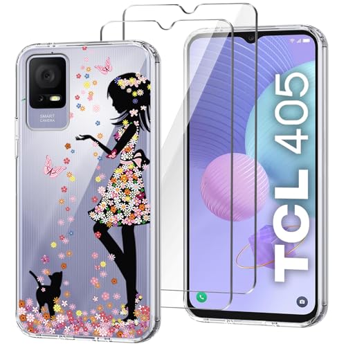 HuiYouMY Handyhülle Kompatibel mit TCL 405/TCL 406/TCL 406S/TCL 408 Hülle + 2 Stück Gehärtetes Glas Schutzfolie, Weich Transparent Schutzhülle, Starker Schutz Silikon Case TPU Cover (6.6")-WM49 von HuiYouMY