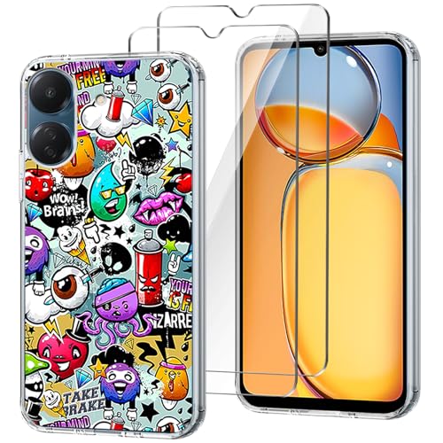 HuiYouMY Handyhülle Kompatibel mit Xiaomi Redmi 13C Hülle + 2 Stück Gehärtetes Glas Schutzfolie, Weich Transparent Schutzhülle, Starker Schutz Silikon Case TPU Cover (6.74")-XS40 von HuiYouMY