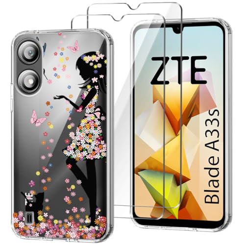 HuiYouMY Handyhülle Kompatibel mit ZTE Blade A33s Hülle + 2 Stück Gehärtetes Glas Schutzfolie, Weich Transparent Schutzhülle, Starker Schutz Silikon Case TPU Cover (6.30")-WM49 von HuiYouMY