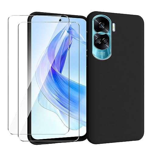 HuiYouMY Handyhülle für Honor 90 Lite Hülle + [2 Stück] Displayfolie Schutzfolie, Weich Black Schutzhülle Starker Schutz Silikon Case Cover TPU Schale (6.70")-Schwarz von HuiYouMY