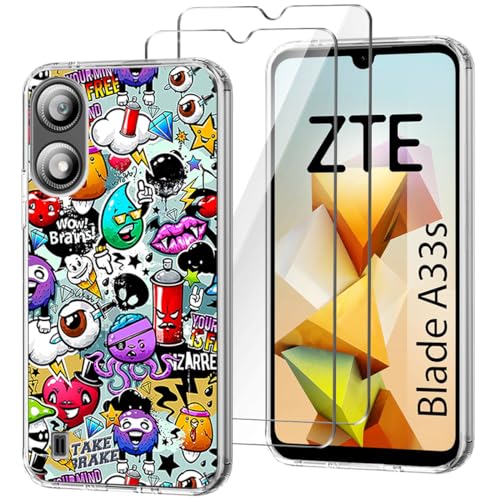 HuiYouMY Hülle für ZTE Blade A33s (6.3") mit 2 Gehärtetes Glas Schutzfolie, Weiche Soft Silikon Transparent Schutzhülle, Starker Schutz Silikon Case TPU Handyhülle -XS40 von HuiYouMY