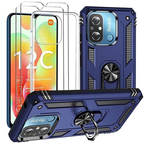 HuiYouMY für Xiaomi Redmi 12C Transparent Hülle + Blau Handyhülle + [2 Stück] HD Schutzfolie, Weich Schutzhülle Schutz Silikon Schale Case displayfolie (6.71") von HuiYouMY