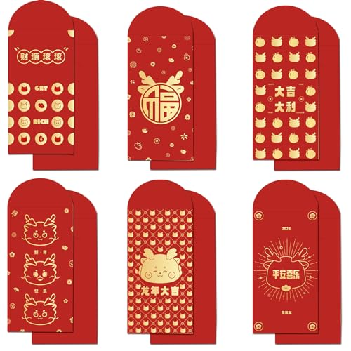 Huimai 12 Stück Chinesisches rote Umschläge, Drachen Rote Taschen, Frühlingsfest,Hong Bao Glücksgeld, Frühling Festival Neujahr, Chinesische Glücksgeldumschläge für 2024 Neujahr Segnungen von Huimai