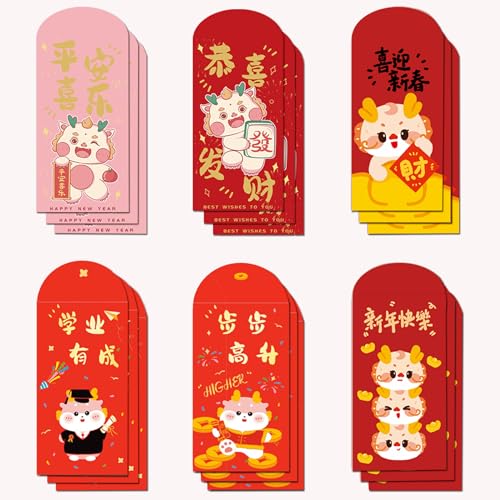 Huimai 18 Stück Chinesisches rote Umschläge, Drachen Rote Taschen, Frühlingsfest,Hong Bao Glücksgeld, Frühling Festival Neujahr, Chinesische Glücksgeldumschläge für 2024 Neujahr Segnungen von Huimai