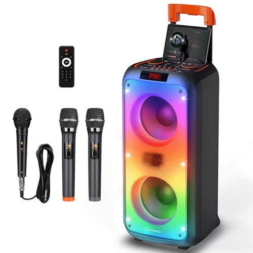 Karaoke-Maschine, Hukkmela Party-Lautsprecher für Erwachsene mit 3 Mikrofonen (2 Wireless und 1 Kabel), tragbares PA-System, unterstützt TF/USB/AUX, Bluetooth 5.3 TWS und LED-Modus, Schwarz von Hukkmela