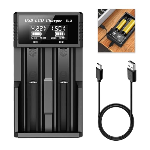 18650 Ladegerät, Akku Ladegerät 18650, 75mm Lange Batterieschlitze, Intelligentes Akkuladegerät mit LCD Anzeige, Kompatibel mit Li-Ion, NI-MH, NI-CD (AA/AAA/C/SC/F6/18650/20700/21700) mit USB C Kabel von Hukneqn