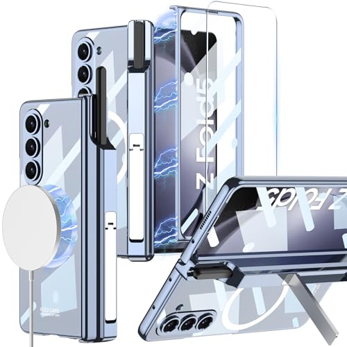 Hulveze für Samsung Galaxy Z Fold 5 5G Magnetische Klarsicht Hülle mit Scharnierschutz S Pen Halter, Kabelloses Ladecase mit Ständer, Transparente Beschichtung Stoßfeste Case(Ohne S Pen),Blau von Hulveze