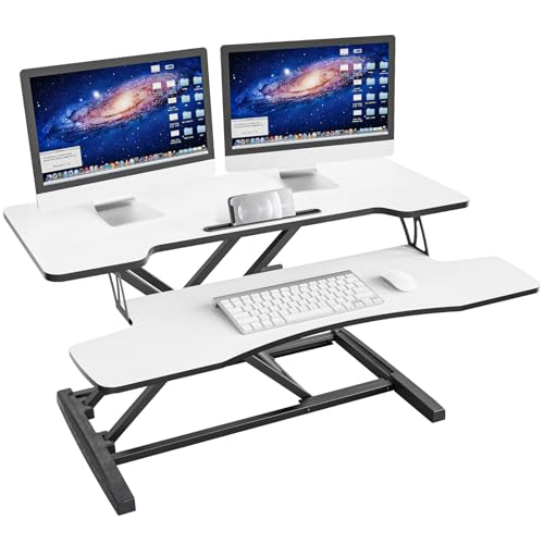 IMtKotW Sitz Steh Schreibtisch, 36 Zoll Höhenverstellbarer Schreibtischaufsatz mit Abnehmbarer Tastaturablage, 92X 40cm Sitz Steh Computertisch, 15 kg Tragkraft（schwarz+weiß） von IMtKotW