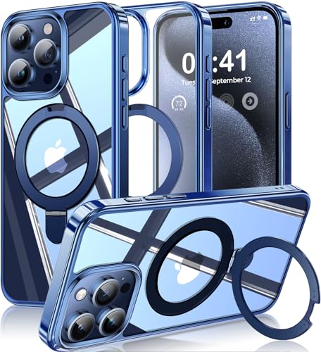 Humixx for iPhone 15 Pro Hülle mit magnetischem Ständer [Kompatibel mit Magsafe] [120° unsichtbarer Aufsteller] 14FT militärischer Schutz stoßfester Bumper kristallklare PC Handyhülle 6,1 ", Blau von Humixx