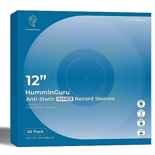 HumminGuru Vinyl Schutzhüllen für Innenhüllen von 12 Zoll Vinylplatten, säurefrei und antistatisch, 1,5 Mil HDPE Innenhüllen, runde Boden Innenhüllen für Albumhüllen (50er Pack Innenhüllen) von HumminGuru
