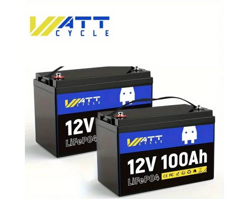 WattCycle 12V 100Ah LiFePO4-Akku,tragbares Ladegerät, Solargenerator, IP65, 1280Wh Powerstation 100000 mAh, Geeignet für Automobile, Gartenarbeit,Schifffahrt,Trolling, Wohnmobile von WattCycle