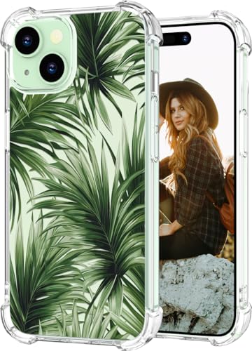 Hungo Schutzhülle für iPhone 15, klares Design, niedlich, Mädchen, ästhetische Designer-Hülle, kompatibel mit iPhone 15, grüne Palmblätter, tropische Pflanzen, Sommermuster von Hungo