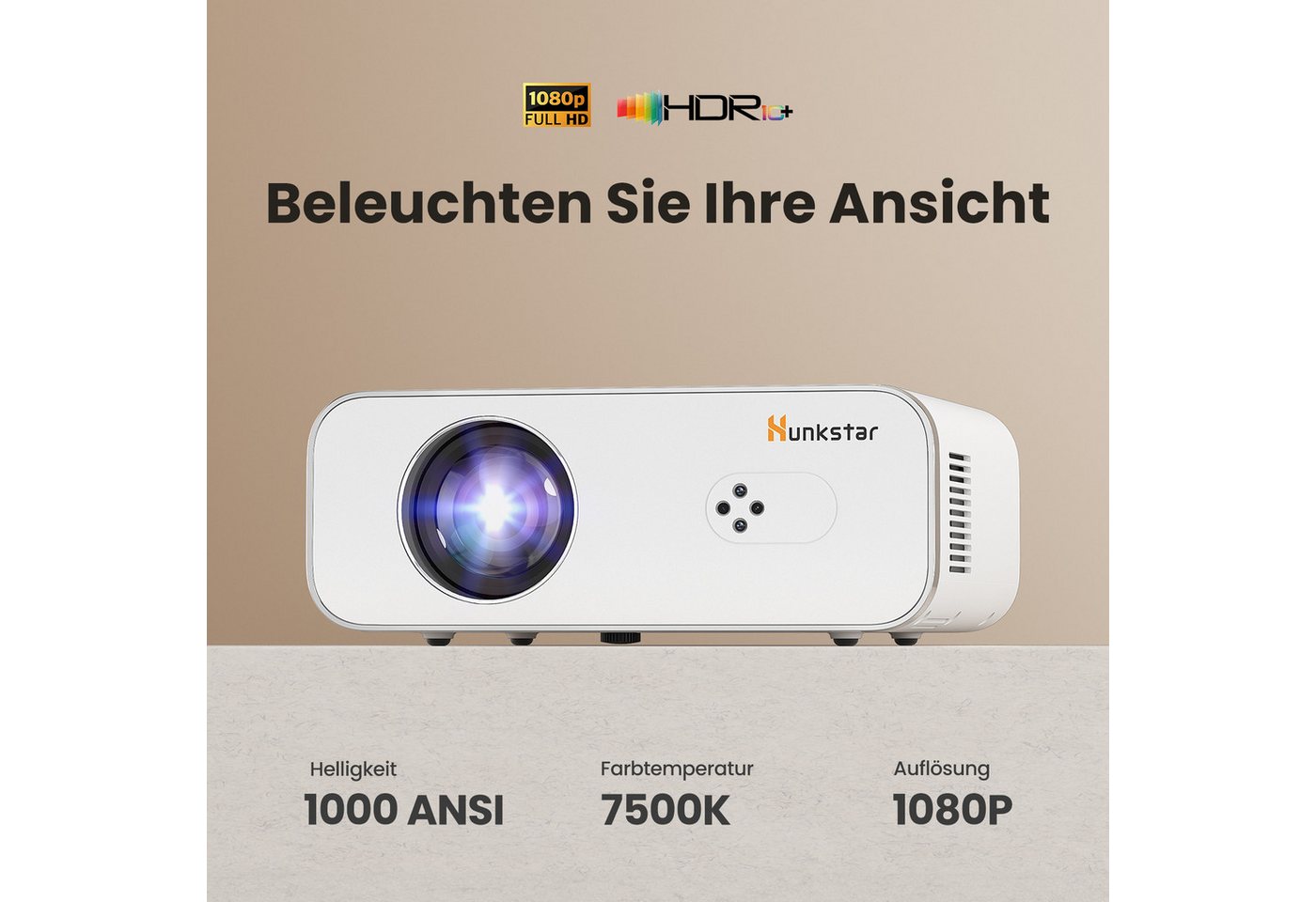 Hunkstar P3 1000 ANSI Android-Projektor, Native 1080P, 4K-Dekodierung, HDR10 LCD-Beamer (1000 lm, 1000:1, 1920 x 1080 px, Innovativer Autofokus und Trapezkorrektur) von Hunkstar