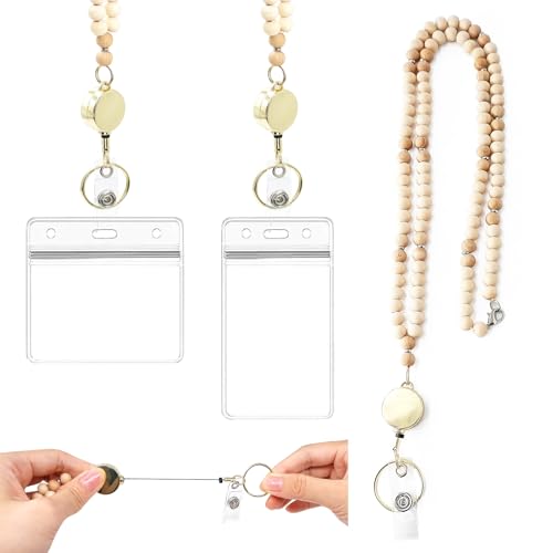 Lanyard mit Kartenhalter, Lanyard Halskette mit Hölzerne Perlen 2 Stück ID Karten Halter Schlüsselanhänger Hölzerne Perlen mit Schlüsselring für ID Karten, Busfahrkarten Lanyard mit Kartenhalter, Lanyard Halskette mit Hölzerne Perlen 2 Stück ID Karten Halter Schlüsselanhänger Hölzerne Perlen mit Schlüsselring für ID Karten, Busfahrkarten von Huntone