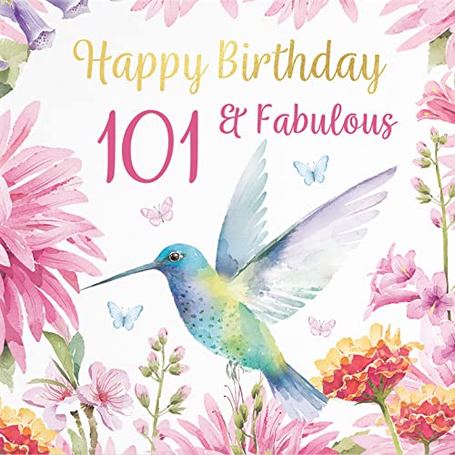 Hunts England,Kolibri-Geburtstagskarte zum 101. Geburtstag für Sie – mit Goldfolie – Pretty Flowers – Milo's Gallery – Alter 101 – Alter 101 Jahre alt – Geburtstagskarte für Damen zum 101. Geburtstag von Hunts England