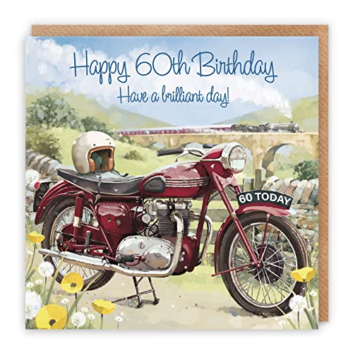 Hunts England Geburtstagskarte zum 60. Geburtstag, Vintage-Motorrad, Happy 60th Birthday, Have A Brilliant Day!, klassisches Motorrad, zum 60. Geburtstag, atemberaubende künstlerische Karte, von Hunts England