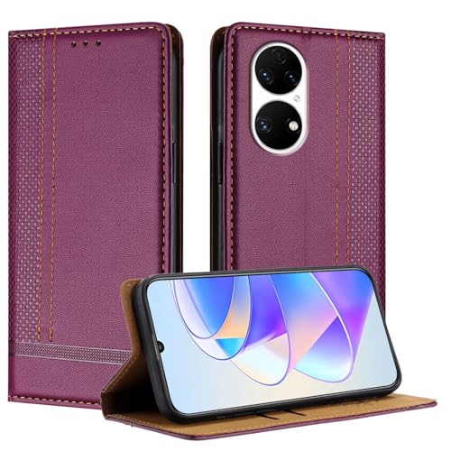 Handy-Flip-Hülle Kompatibel mit Huawei P50 Hülle Wallet, PU Leder Flip Folio Hülle mit Kartenhalter Klapphülle Kickstand [Stoßfeste TPU Innenschale] Ultradünne Slim Handyhülle Schutzhülle(Purple) von HurrayB