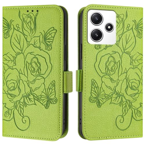 Handy-Flip-Hülle Kompatibel mit Redmi 12 4G/Note 12R Hülle, Brieftaschenhülle, schmale PU-Leder-Telefon-Flip-Folio-Hülle, stoßfeste Schutzhülle mit Kartenhaltern + Handschlaufe Schutzhülle(Green) von HurrayB