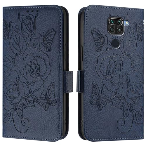 Handy-Flip-Hülle Kompatibel mit Redmi Note 9 4G/10X 4G Hülle, Brieftaschenhülle, schmale PU-Leder-Telefon-Flip-Folio-Hülle, stoßfeste Schutzhülle mit Kartenhaltern + Handschlaufe Schutzhülle(Blue) von HurrayB