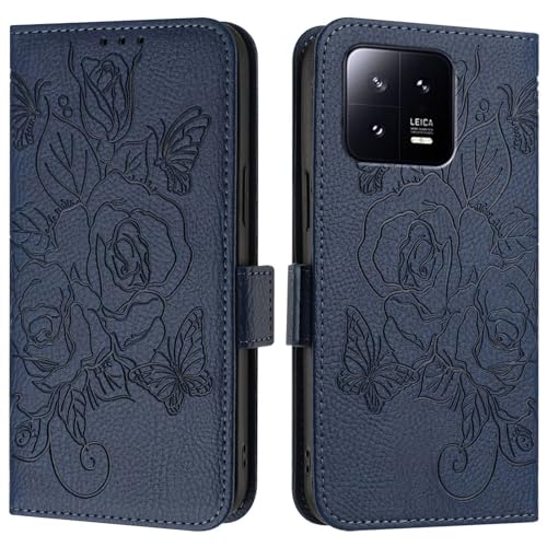 Handy-Flip-Hülle Kompatibel mit der Hülle Xiaomi 13 5G, Brieftaschenhülle, schmale Handy-Flip-Folio-Hülle aus PU-Leder, stoßfeste Schutzhülle mit Kartenhaltern + Handschlaufe Schutzhülle(Blue) von HurrayB
