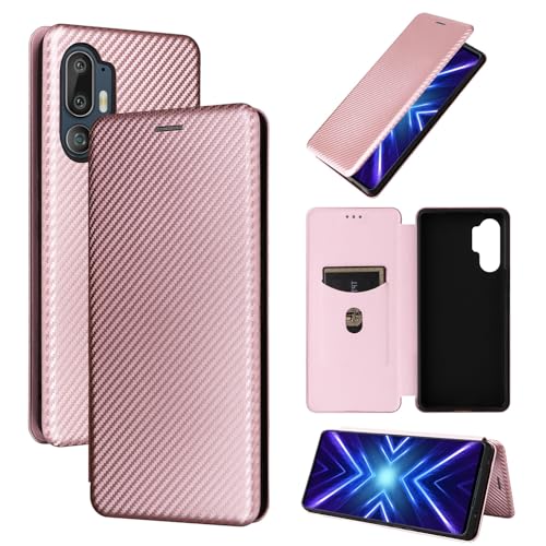 HurrayB Handy-Flip-Hülle Kompatibel mit HTC U24 Pro Hülle, Schlanke Carbonfaser-Texturen + PC-Hybridhülle Voller Schutz Stoßfeste Klapphülle Kompatibel mit HTC U24 Pro Schutzhülle(Pink) von HurrayB