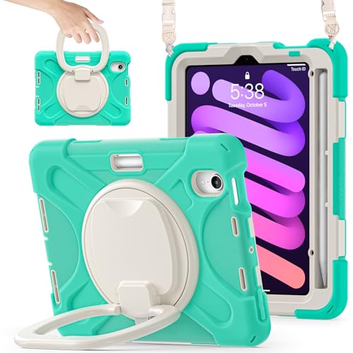 Tablet PC Hülle Hülle kompatibel mit iPad Mini 7 Hülle (A17 Pro) 2024/ Mini 6 8,3″, robuste stoßfeste TPU-Kinderhülle, 360 Grad drehbare Multifunktions-Griffhalterung + robuste Hülle mit Schultergurt von HurrayB