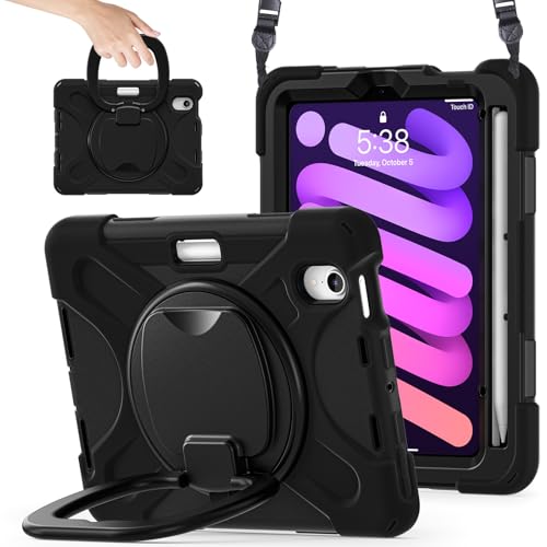 Tablet PC Hülle Hülle kompatibel mit iPad Mini 7 Hülle (A17 Pro) 2024/ Mini 6 8,3″, robuste stoßfeste TPU-Kinderhülle, 360 Grad drehbare Multifunktions-Griffhalterung + robuste Hülle mit Schultergurt von HurrayB