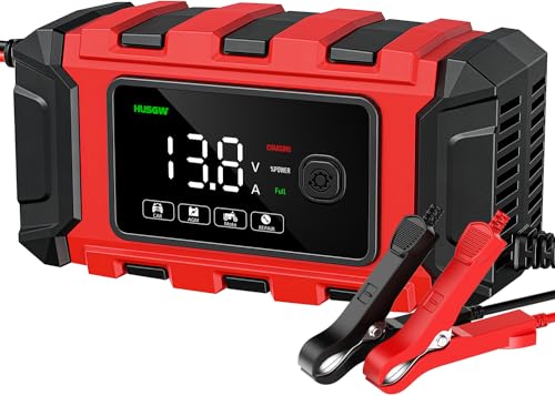 Husgw Ladegerät Autobatterie, 12V 6A KFZ Batterieladegerät Vollautomatisches Intelligentes Erhaltungsladegerät, LCD-Bildschirm Vollautomatisches Ladegerät für Auto, Motorrad, Rasenmäher oder Boot von Husgw