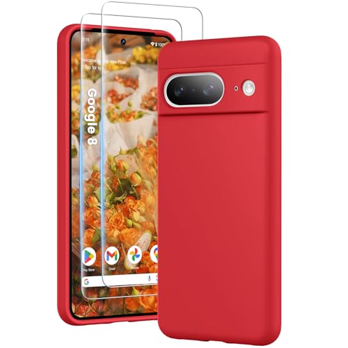 HuwaiH 3 in 1 Hülle für Google Pixel 8, Silikon Hülle mit 2 Stück 9H 0.33mm Panzerglas, Upgraded Kameraschutz, Soft Mikrofaserfutter Kratzfeste Stoßfeste Handyhülle für Google Pixel 8(Rot) von HuwaiH