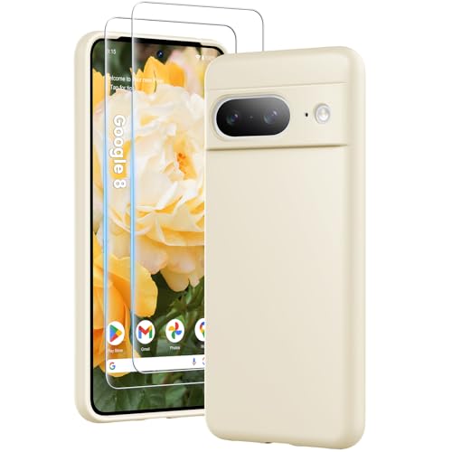 HuwaiH 3 in 1 Hülle für Google Pixel 8, Silikon Hülle mit 2 Stück 9H 0.33mm Panzerglas, Upgraded Kameraschutz, Soft Mikrofaserfutter Kratzfeste Stoßfeste Handyhülle für Google Pixel 8(Weiß) von HuwaiH