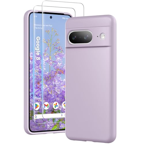 HuwaiH 3 in 1 Hülle für Google Pixel 8, Silikon Hülle mit 2 Stück 9H 0.33mm Panzerglas, Upgraded Kameraschutz, Soft Mikrofaserfutter Kratzfeste Stoßfeste Handyhülle für Google Pixel 8(violett) von HuwaiH
