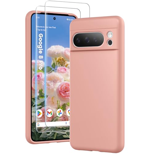 HuwaiH 3 in 1 Hülle für Google Pixel 8 pro, Silikon Hülle mit 2 Stück 9H 0.33mm Panzerglas, Upgraded Kameraschutz, Soft Mikrofaserfutter Kratzfeste Stoßfeste Handyhülle für Google Pixel 8 pro(Rosa) von HuwaiH