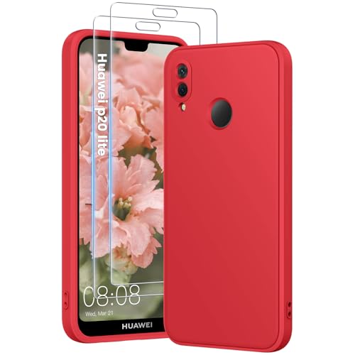 HuwaiH 3 in 1 Hülle für Huawei P20 Lite, Silikon Hülle mit 2 Stück 9H 0.33mm Panzerglas, Upgraded Kameraschutz, Soft Mikrofaserfutter Kratzfeste Stoßfeste Handyhülle für Huawei P20 Lite(Rot) von HuwaiH